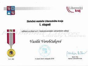 Dekret k Záslužné medaili Libereckého kraje I. stupně (O. Ihnatová)