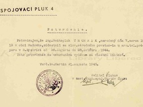 Osvědčení o účasti na Slovenském národním povstání (J. Technik)