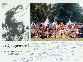 Pamětní list skautského táboru na téma lovci mamutů (J. a V. Hudečkovi)
